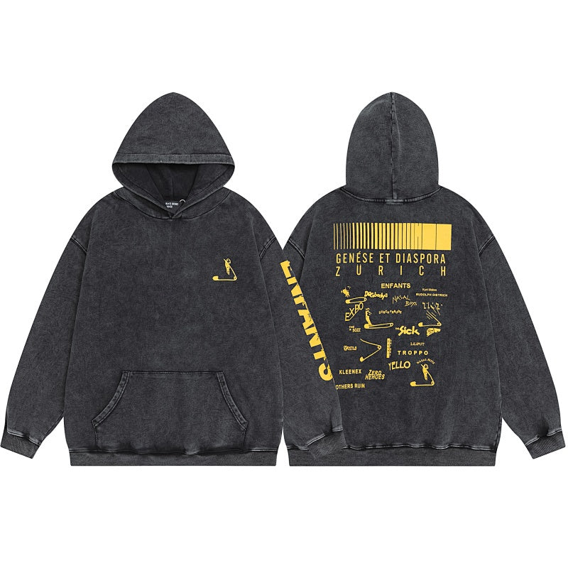 ERD Hoodie Distressed Stone Wash Top Multi-Panel Yellow Barcode Text & Schematic Artwork