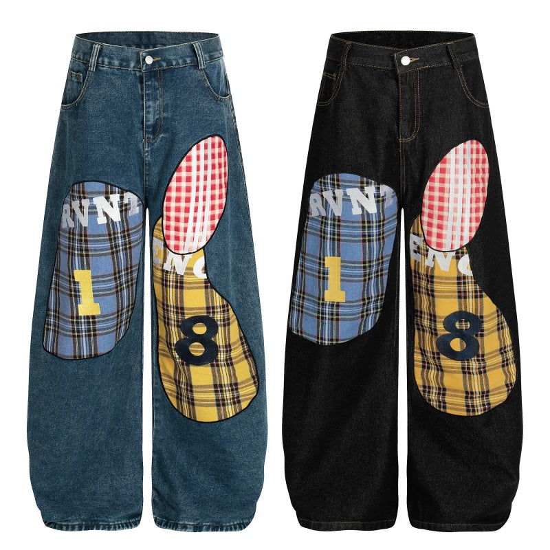 American-style streetwear harem pants Color Block Tartan Patch Baggy Denim