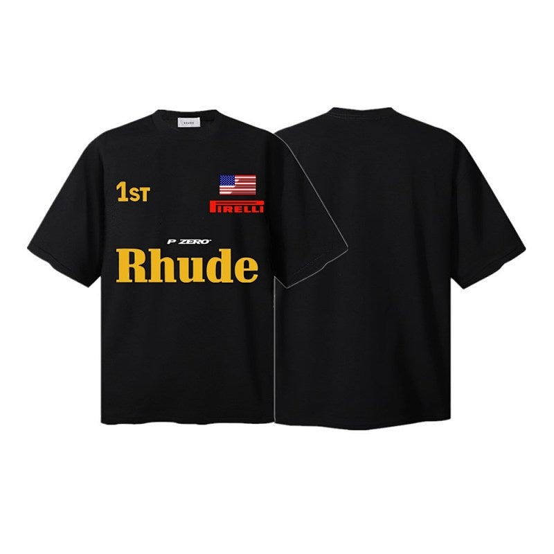 RHUDE T Shirts Varsity Race Flag Typography