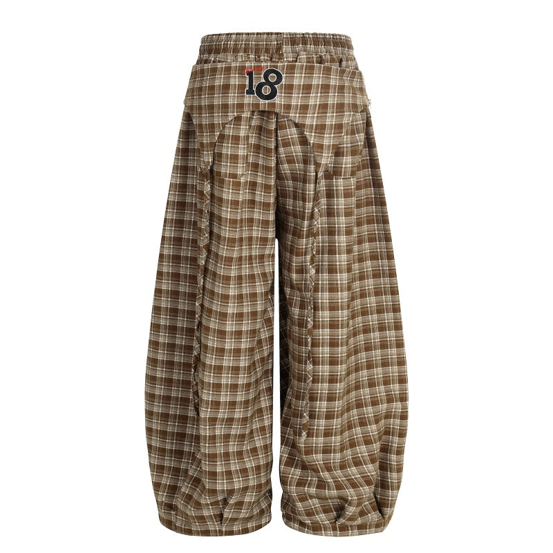 American-style streetwear harem pants Pleated Plaid Letter Number Wide Trousers