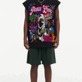 BIG FACE Drop-Shoulder Tank Top High-street vintage style featuring a small neckline, white-ink digital direct-to-garment (DTG) printing, and a heavy-duty, distressed wash finish; crafted from 260g double-yarn plain-knit fabric.