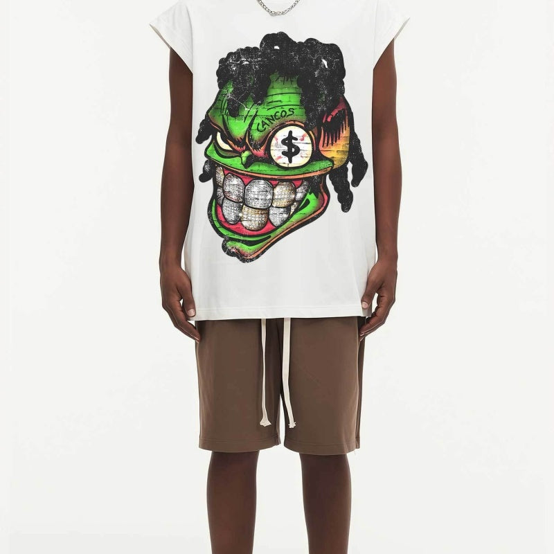 BIG FACE Drop-Shoulder Tank Top High-street vintage style featuring a small neckline, white-ink digital direct-to-garment (DTG) printing, and a heavy-duty, distressed wash finish; crafted from 260g double-yarn plain-knit fabric.