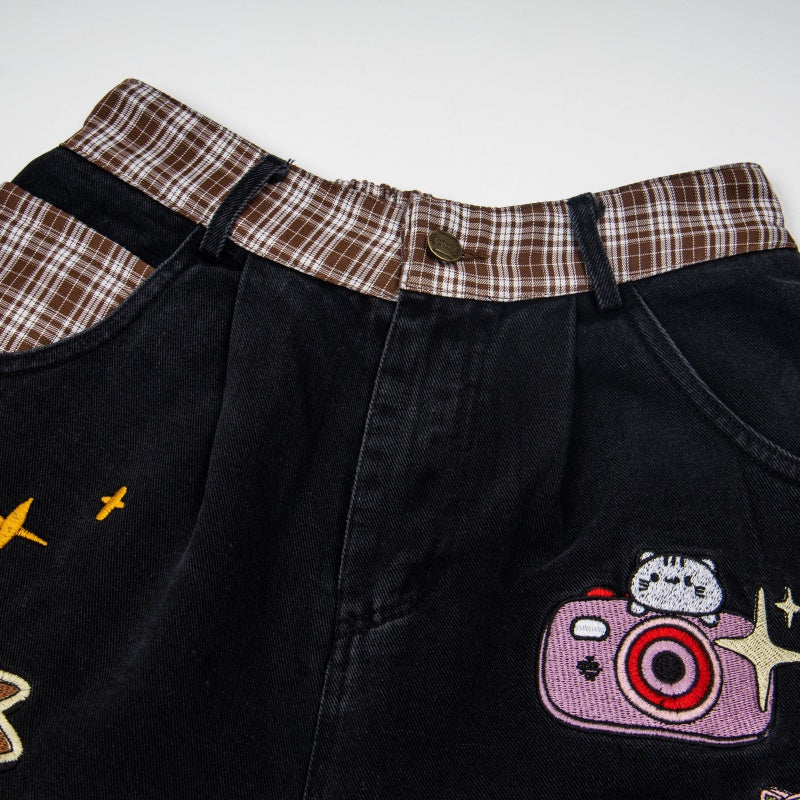 Street-style vintage Cropped trousers Retro Harajuku Style Loose-Fit Casual Jorts with Graphic Patches and Contrast Details
