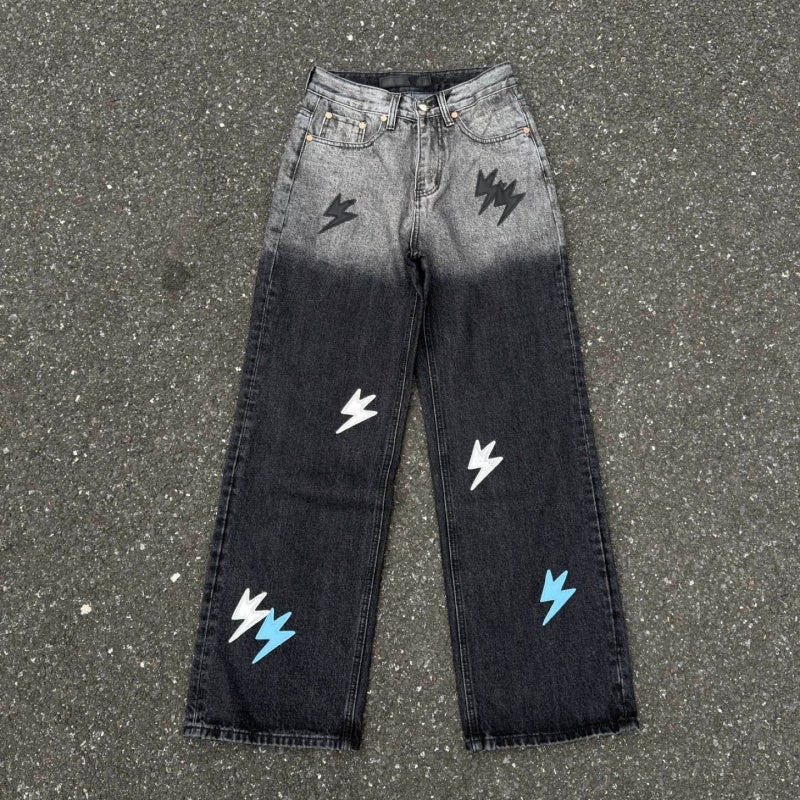 Lightning Pattern Jeans High-quality high-street pure cotton trousers