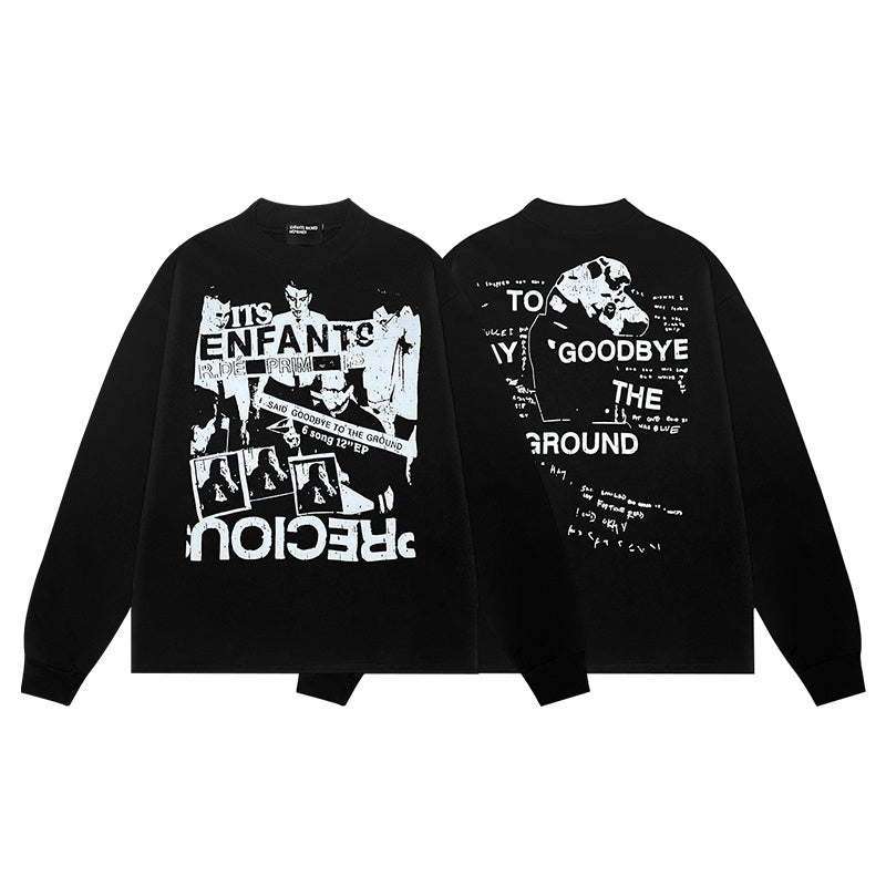 ERD Long sleeved shirt Black Long Sleeve Top Collage Letter Figure Print Dual Sides Graphic