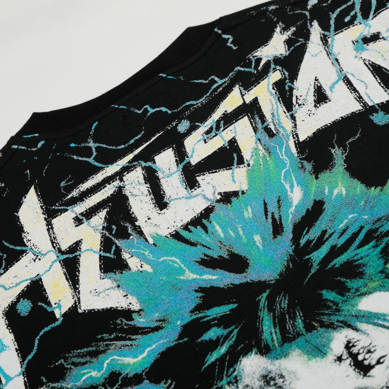 Vintage-style American T-shirt Cracked Teal Lightning Human‑to‑Skull Print