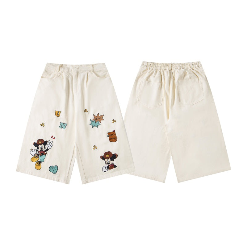 Street-style vintage Cropped trousers Retro Casual Hip Hop Patchwork Denim Jorts with Cute Character Embroidery