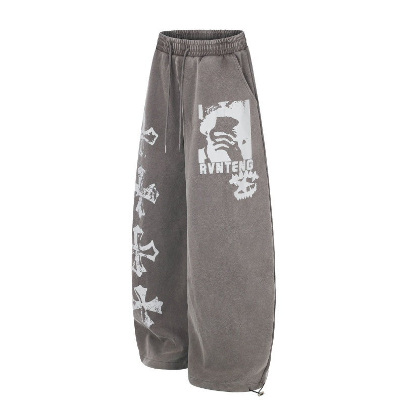 American-style streetwear harem pants Faded Cross Graphic Loose Sweat Trousers