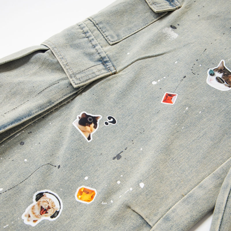Street-style vintage Cropped trousers Retro Distressed Loose-Fit Wide-Leg Denim Cargo Shorts with Graphic Accents