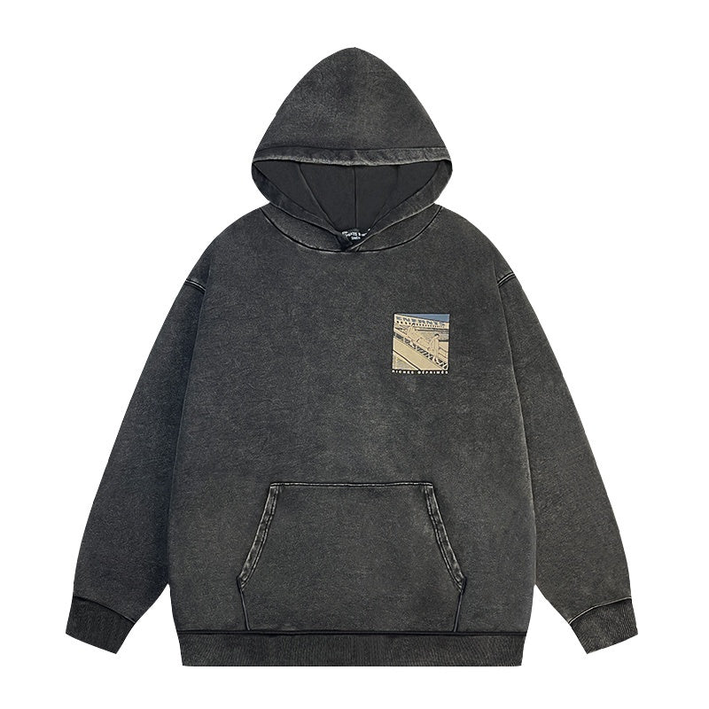 ERD Hoodie Washed Dark Hooded Layer Front Pocket Mini Scene Print Back Large Urban Illustration