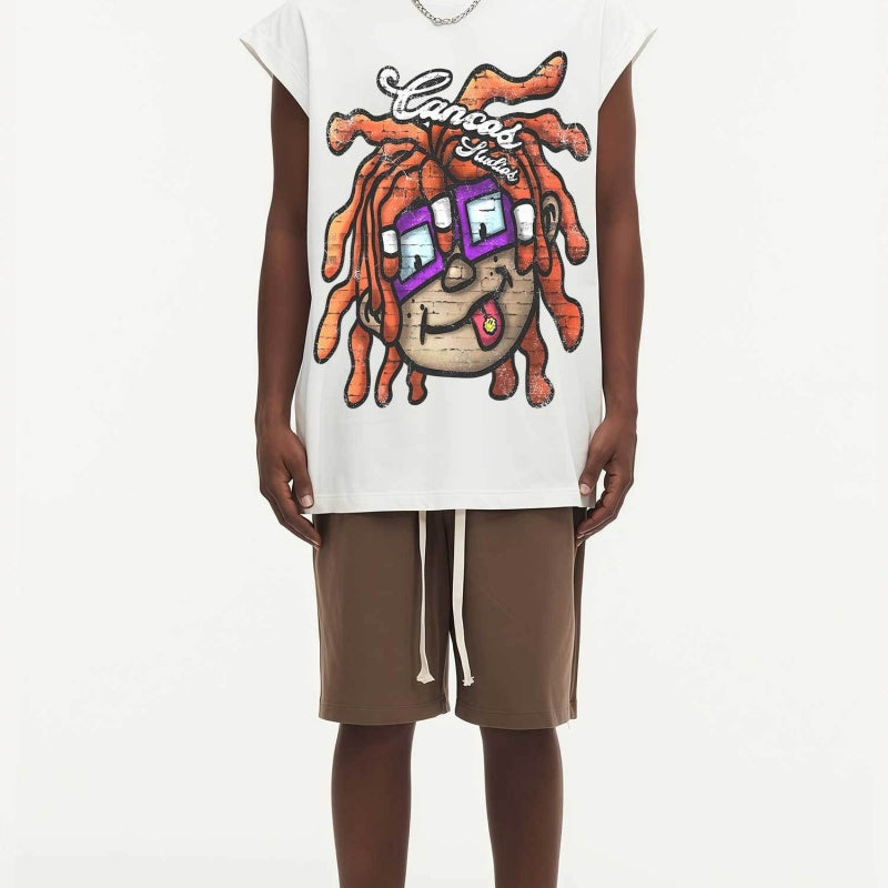 BIG FACE Drop-Shoulder Tank Top High-street vintage style featuring a small neckline, white-ink digital direct-to-garment (DTG) printing, and a heavy-duty, distressed wash finish; crafted from 260g double-yarn plain-knit fabric.
