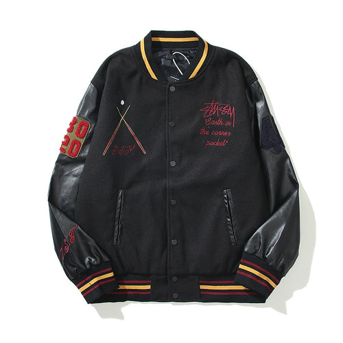 American-style baseball jacket Leather Sleeve 8-Ball Globe Graphic Oversized Streetwear Brand 40th Anniversary Limited Edition "Black 8" Quilted Wool-Blend Varsity Jacket – High-Street Hip-Hop Style with Embroidery (Kenijima-Style)