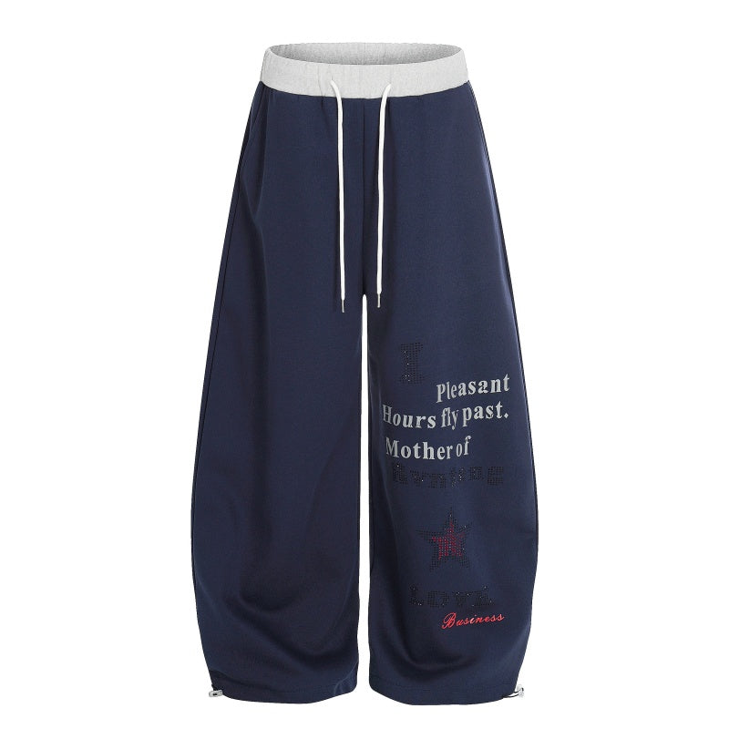 American-style streetwear harem pants Two-Tone Waist Typography Wide Curved Pants