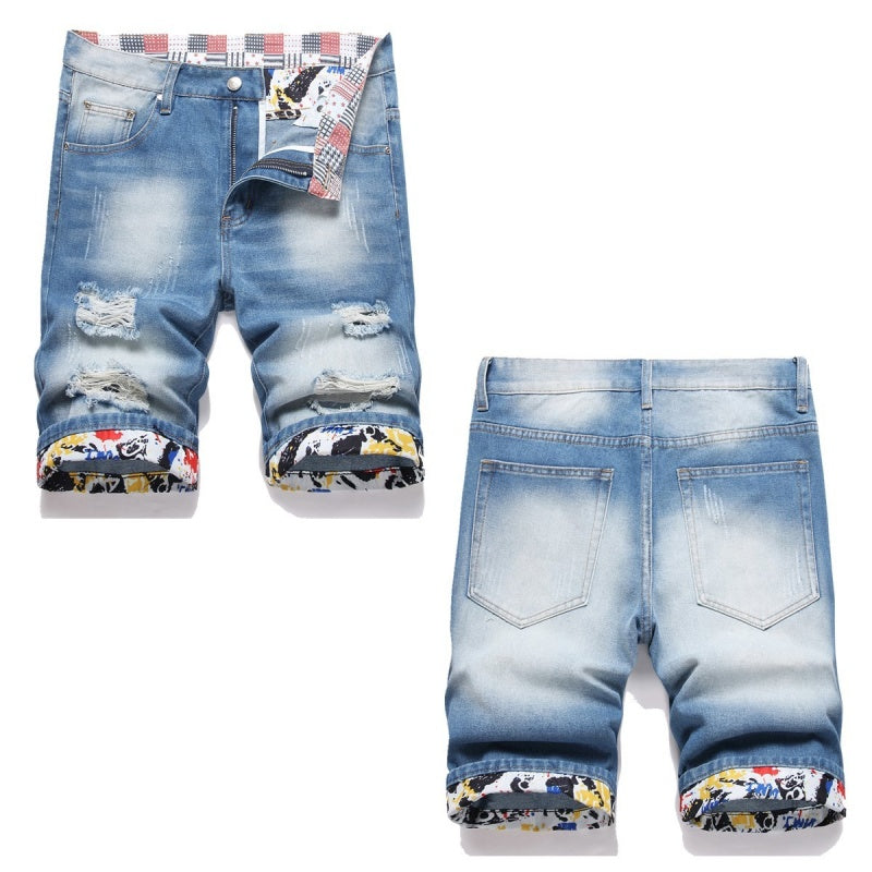 Denim shorts High-quality trendy Distressed with holes casual pure cotton Non-stretch plus-size men's clothing