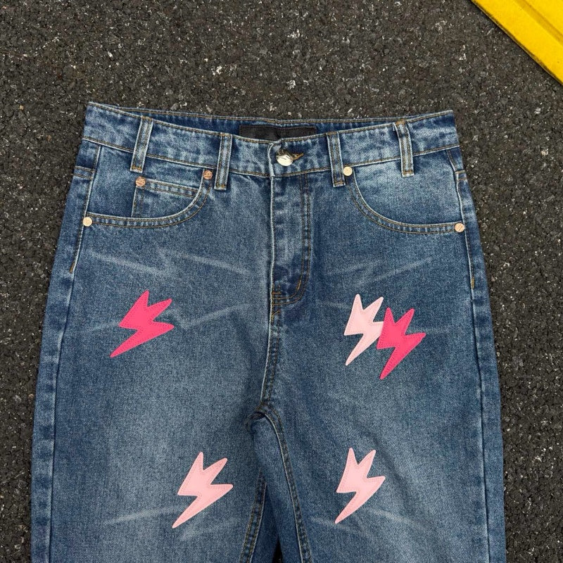 Lightning Pattern Jeans High-quality high-street pure cotton trousers