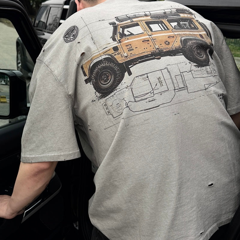 Unisex Vintage T Shirts Saint x Hot Wheels x Land Rover Defender three-way collaboration: featuring a "lid-and-base" style collar construction with single-needle stitching, a special enzyme-abrasion and vintage-wash finish, direct-to-garment white in