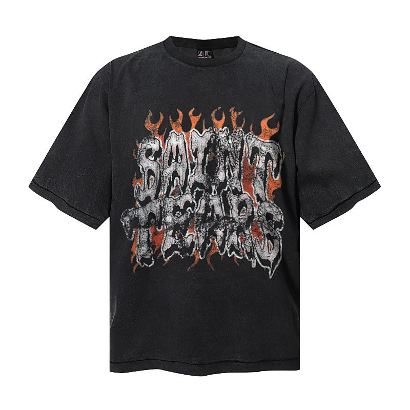 Saint Michael T Shirts Heavy Metal Style Saint Tears Dripping Text Orange Flames Chest