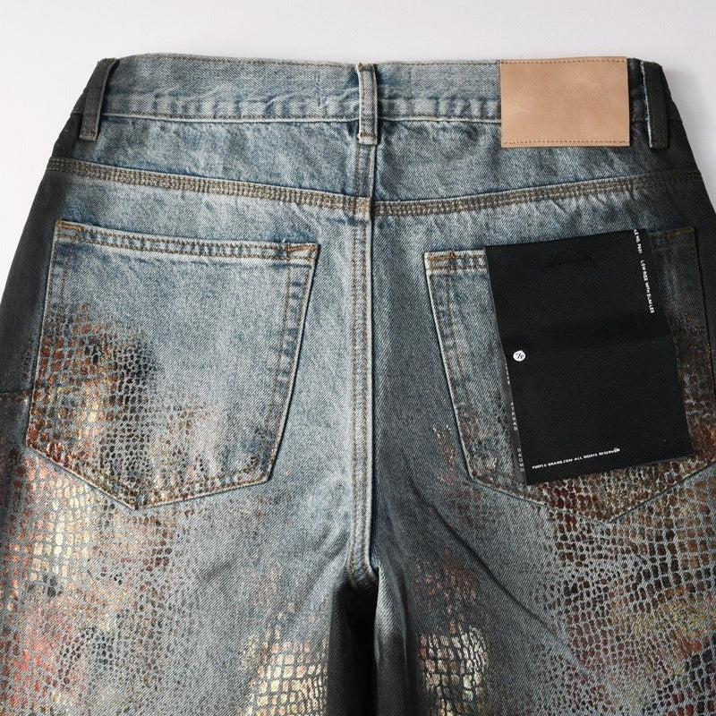 Purple brand Jeans High-quality pure cotton streetwear trousers Oiled finish with a faux snakeskin pattern