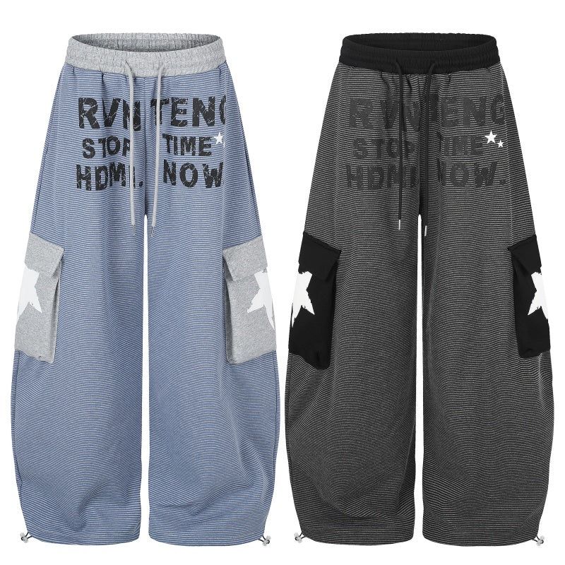American-style streetwear harem pants Striped Contrast Pocket Baggy Cargo Bottoms