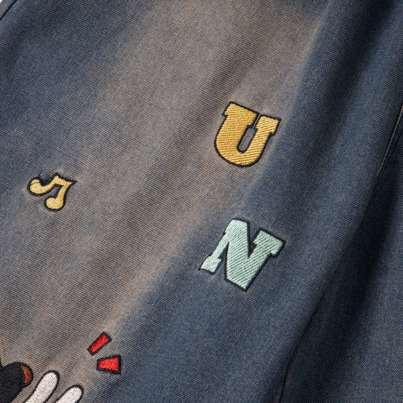Street-style vintage Cropped trousers Retro Casual Hip Hop Patchwork Denim Jorts with Cute Character Embroidery