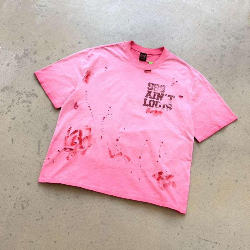 Unisex Vintage T Shirts "Saint Street Dirty" Graffiti-Style T-Shirt: Features hand-painted splatter art on the finished garment, multi-zone hand-distressing, and a heavy-duty enzyme-washed finish with spray-effect whiskering—exuding a premium, vintag