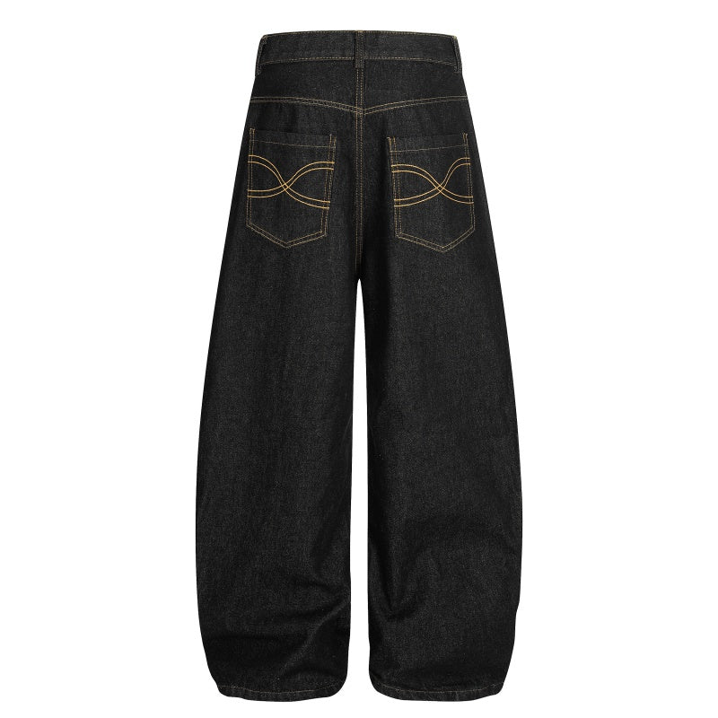 American-style streetwear harem pants Faded Gold Foil Script Baggy Denim