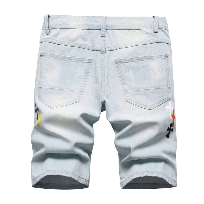 Denim shorts High-quality trendy Cross-pattern veneer casual pure cotton Non-stretch plus-size men's clothing