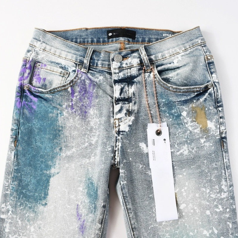 Purple brand Jeans High-quality pure cotton streetwear trousers Glossy ink-splatter finish