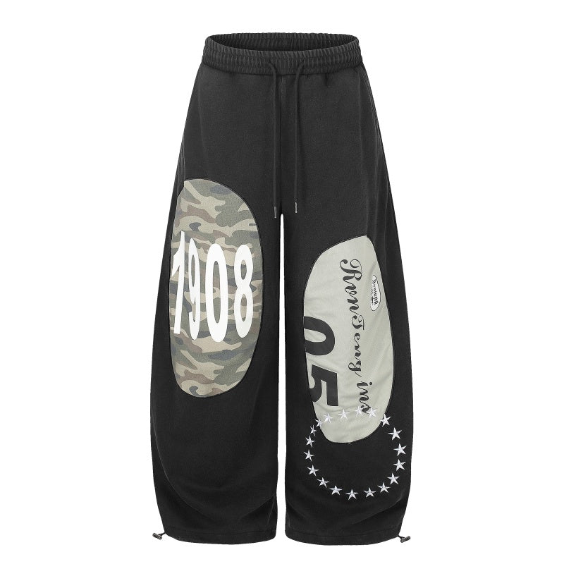 American-style streetwear harem pants Camo Panel 1908 Letter Loose Barrel Trousers