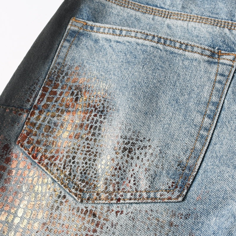 Purple brand Jeans High-quality pure cotton streetwear trousers Oiled finish with a faux snakeskin pattern