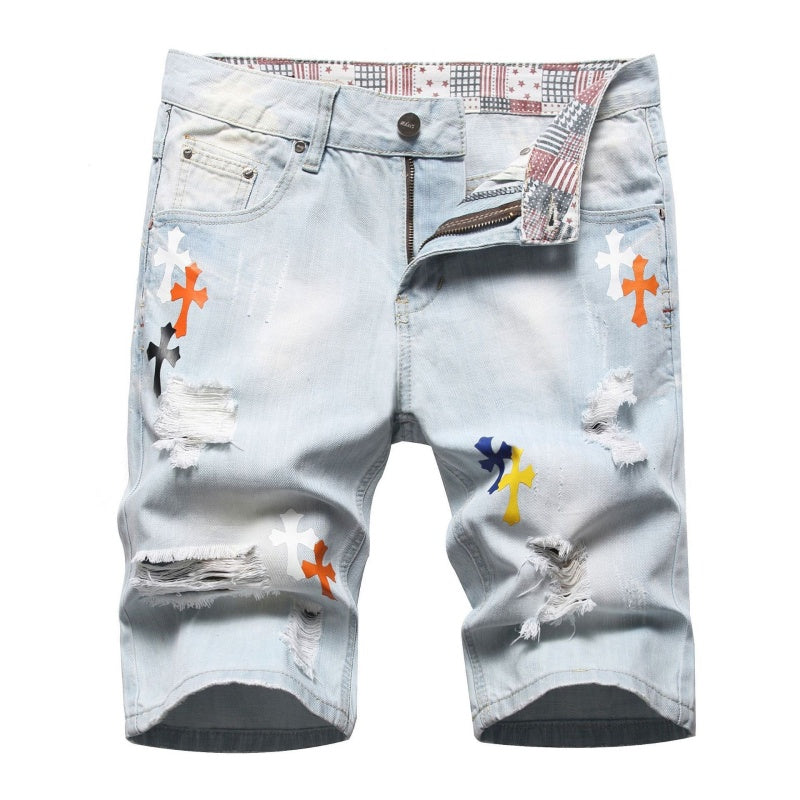 Denim shorts High-quality trendy Cross-pattern veneer casual pure cotton Non-stretch plus-size men's clothing