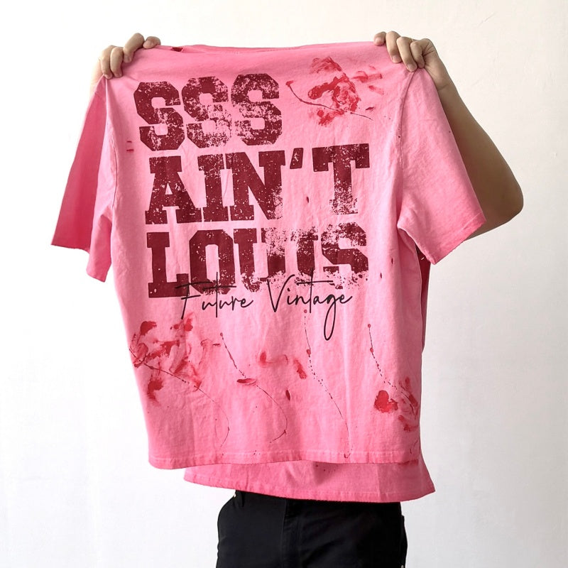 Unisex Vintage T Shirts "Saint Street Dirty" Graffiti-Style T-Shirt: Features hand-painted splatter art on the finished garment, multi-zone hand-distressing, and a heavy-duty enzyme-washed finish with spray-effect whiskering—exuding a premium, vintag