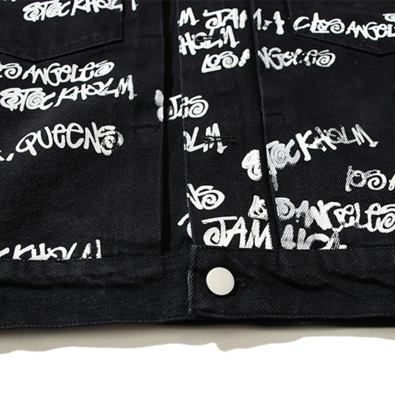 American-style baseball jacket Stu x Tears American High-Street Collaboration: Denim Jacket Featuring All-Over "Barrage" Text Print and Embroidered Cotton Boll Motifs.