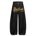 American-style streetwear harem pants Faded Gold Foil Script Baggy Denim