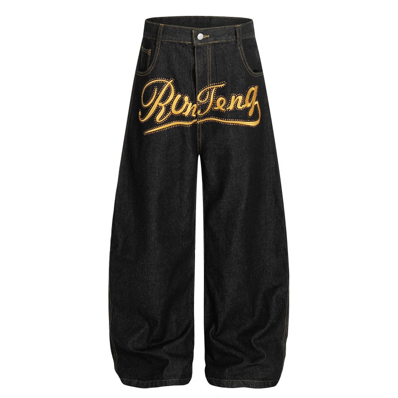 American-style streetwear harem pants Faded Gold Foil Script Baggy Denim