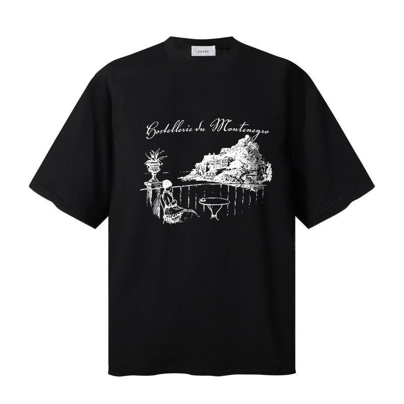 RHUDE T Shirts Dual‑Sided Mountain Scene Script‑Print Street