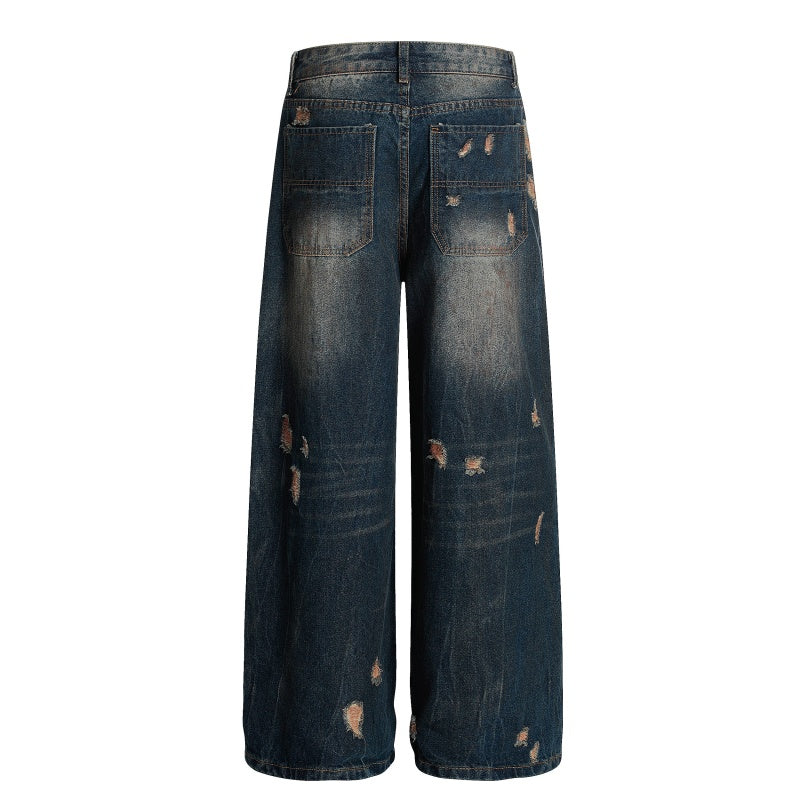 American-style streetwear harem pants Heavily Distressed Wide Leg Denim