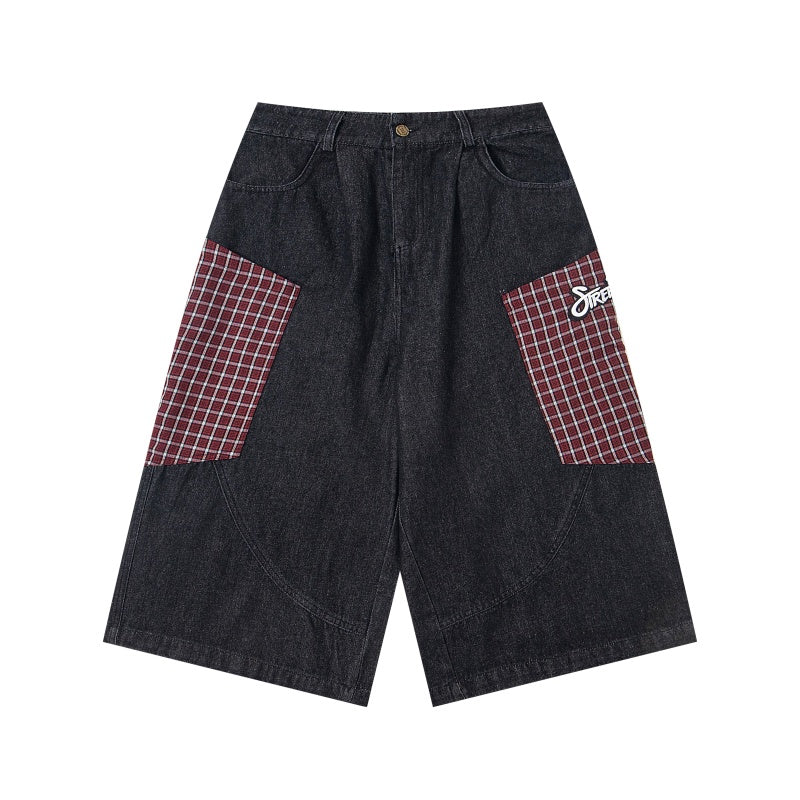 Street-style vintage Cropped trousers Retro Harajuku Style Wide-Leg Plaid Shorts with Cute Character Embroidery