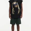 BIG FACE Drop-Shoulder Tank Top High-street vintage style featuring a small neckline, white-ink digital direct-to-garment (DTG) printing, and a heavy-duty, distressed wash finish; crafted from 260g double-yarn plain-knit fabric.