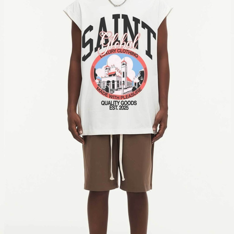 BIG FACE Drop-Shoulder Tank Top High-street vintage style featuring a small neckline, white-ink digital direct-to-garment (DTG) printing, and a heavy-duty, distressed wash finish; crafted from 260g double-yarn plain-knit fabric.