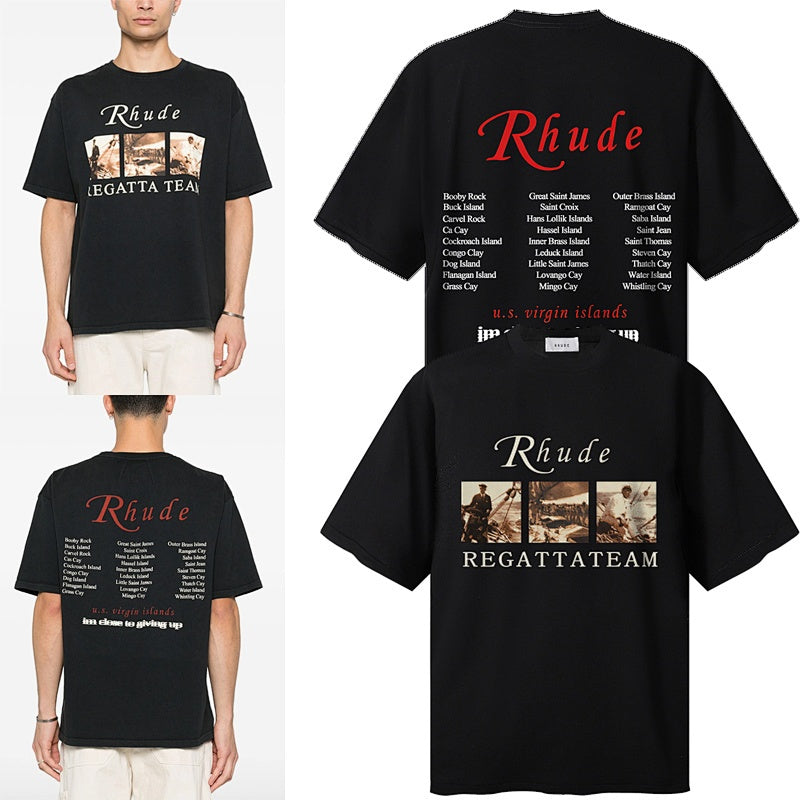 RHUDE T Shirts Multi‑Image Collage With Cursive Statement Print