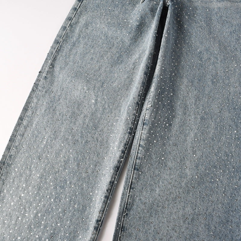 Purple brand Jeans High-quality pure cotton streetwear trousers Rhinestone-embellished loose straight-leg trousers Comes with a belt