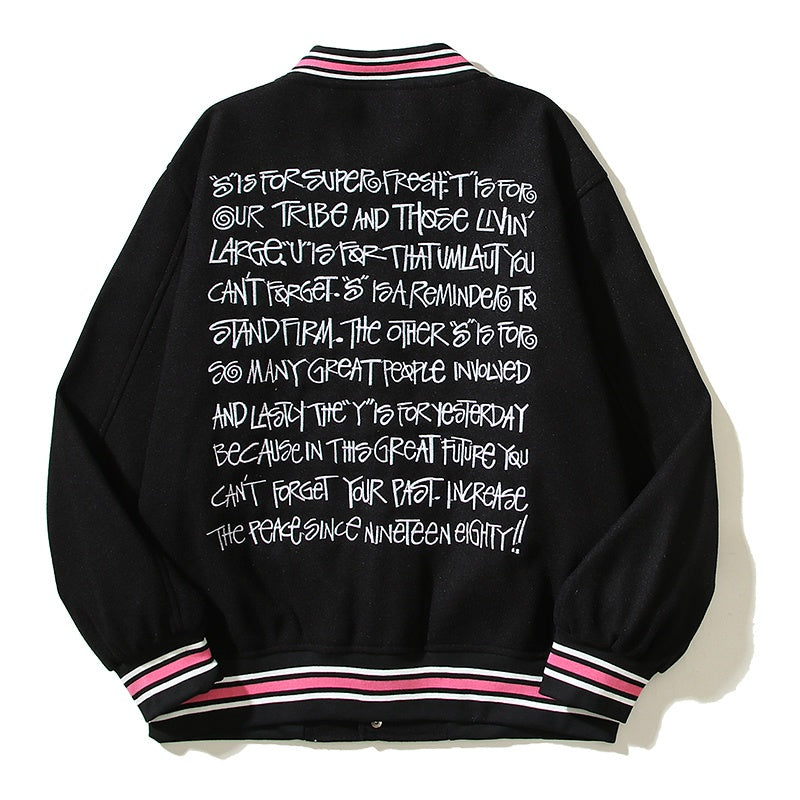American-style baseball jacket American-style trendy high-street streetwear featuring back-panel graffiti, slogan, and lettering with intricate, high-density embroidery—embodying the "vibe" aesthetic.
