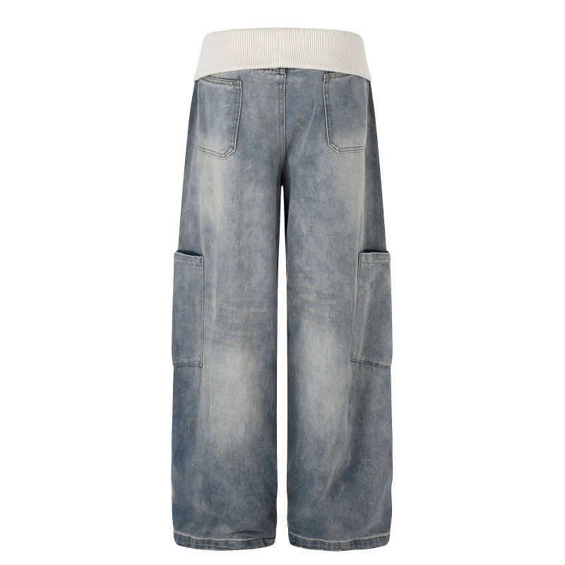 American-style streetwear harem pants Faded Wash Contrast Rib Waist Cargo Curved Bottoms