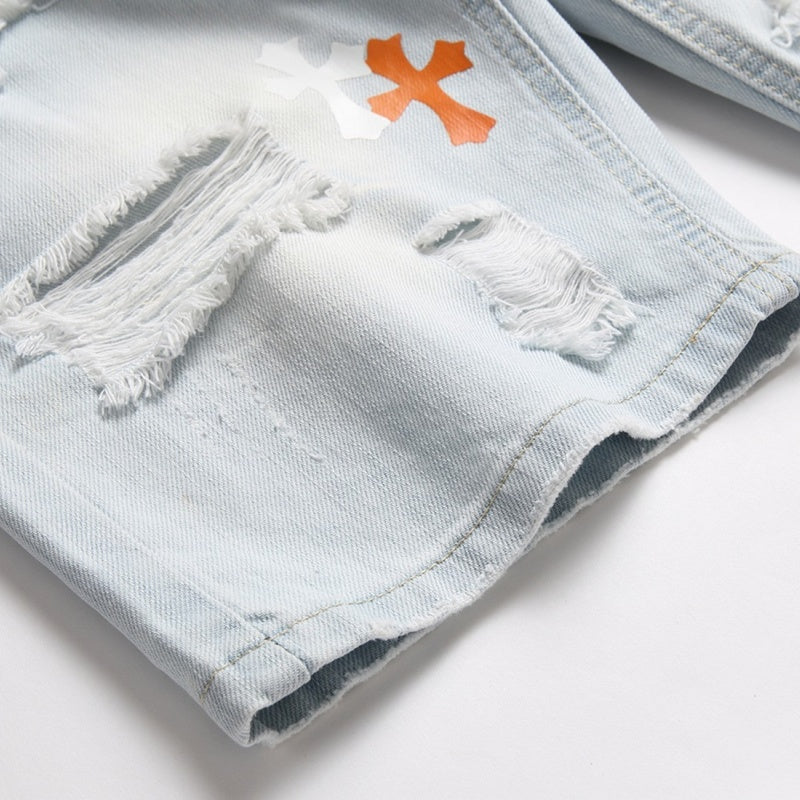 Denim shorts High-quality trendy Cross-pattern veneer casual pure cotton Non-stretch plus-size men's clothing