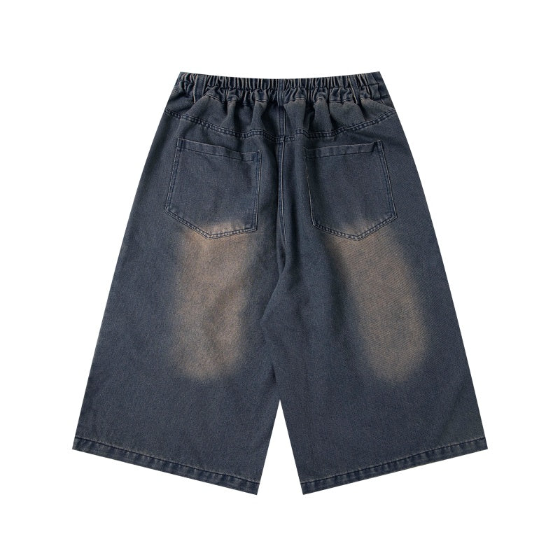 Street-style vintage Cropped trousers Retro Casual Hip Hop Patchwork Denim Jorts with Cute Character Embroidery