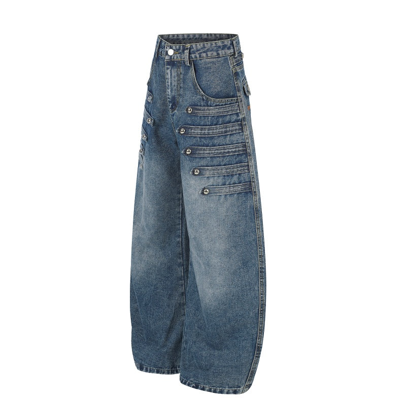 American-style streetwear harem pants Multi Rivet Stitch Barrel Denim