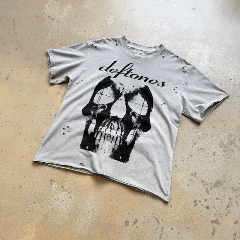 Unisex Vintage T Shirts CHOOOSELF 26SS "Rose Skull" Limited Edition – A tribute to the band Deftones. Heavyweight, washed, distressed, and destructed street-style T-shirt featuring a boxy, cropped punk aesthetic.