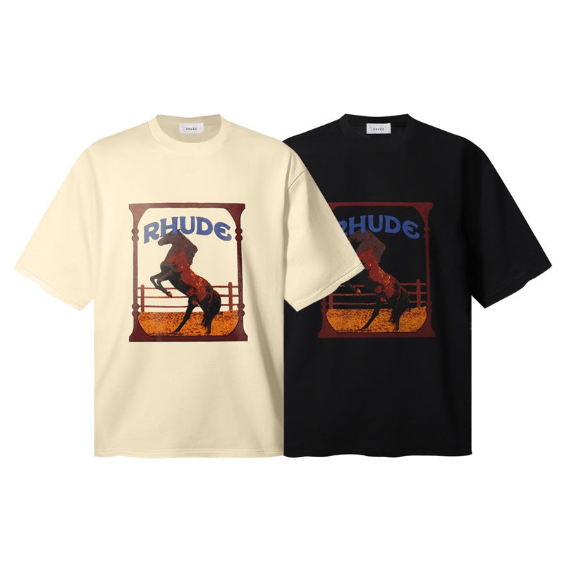 RHUDE T Shirts Distressed Cowboy Horse Artwork