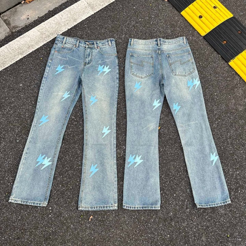Lightning Pattern Jeans High-quality high-street pure cotton trousers